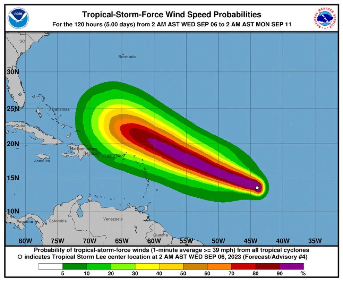 Wind speed probabilities for Tropical Storm Lee from 2AM ET, Sept. 6, 2023 to 2AM ET, Sept. 11, 2023. (NOAA)