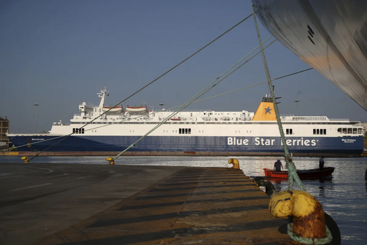 The ferry boat Blue Horizon is docked during seamen's unions strike at the port of Piraeus near Athens, Greece, on Sept. 3, 2018. (Thanassis Stavrakis/AP Photo)
