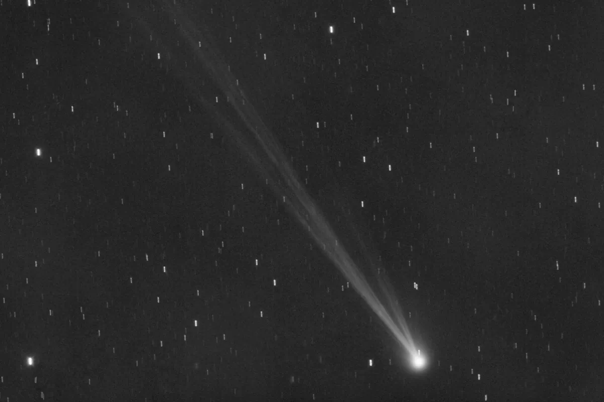 The comet C/2023 P1 Nishimura and its tail seen from Manciano, Italy, on Sept. 5, 2023. (Gianluca Masi via AP)