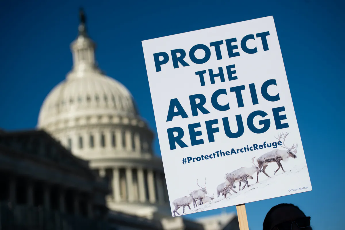 A demonstrator holds a sign against drilling in the Arctic Refuge on the 58th anniversary of the Arctic National Wildlife Refuge, during a press conference outside the U.S. Capitol in Washington on Dec. 11, 2018. (Saul Loeb AFP via Getty Images)