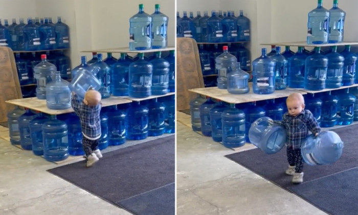 VIDEO: Adorable Toddler Helps Mom Unload Delivery Van by Carrying Empty Water Jugs