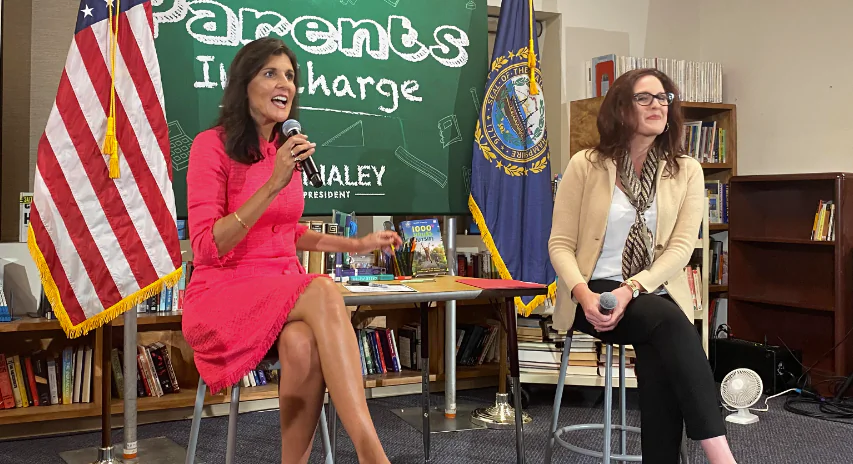 GOP presidential candidate Nikki Haley appears with Moms For Liberty co-founder Tiffany Justice at an Educational Town Hall in Manchester, N.H, on Sept. 6, 2023. (Alice Giordano/The Epoch Times)