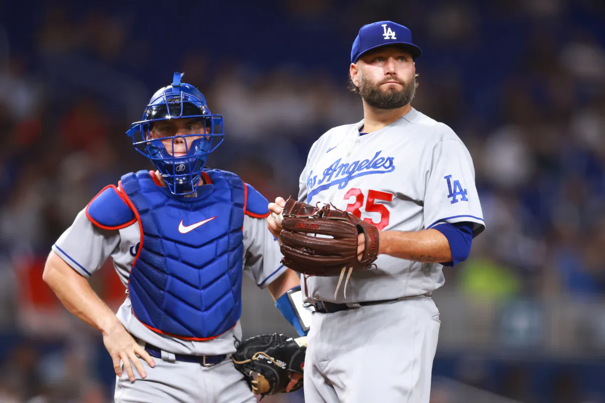 Lance Lynn (35) of the Los Angeles Dodgers looks on in a game against the Miami Marlins during the fifth inning at loanDepot Park in Miami on Sept. 6, 2023. (Megan Briggs/Getty Images)