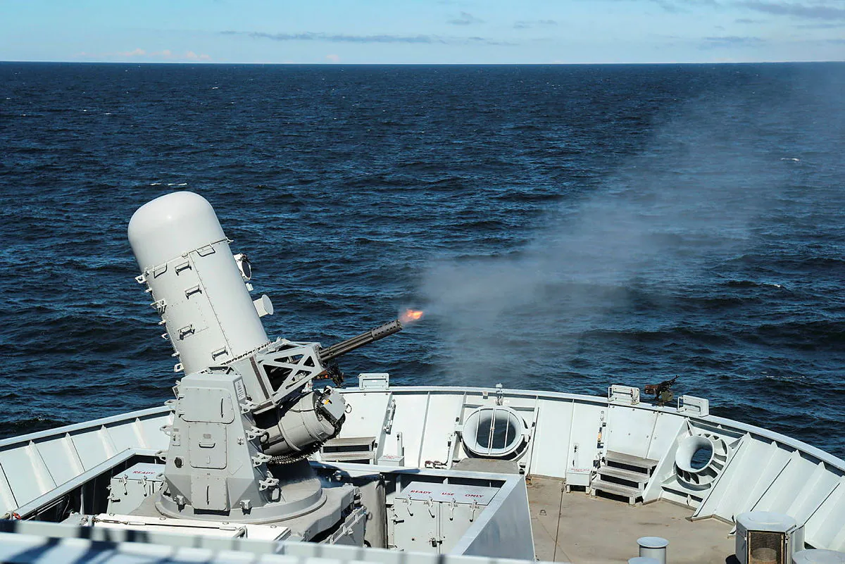 A Phalanx gun is fired by gunners on board HMS Albion during a NATO exercise in the Baltic Sea on June 7, 2019. (Ministry of Defence)