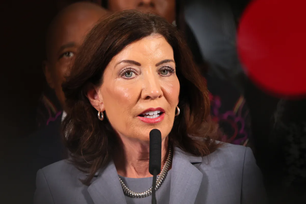 New York Gov. Kathy Hochul speaks during a press conference prevention of gun violence and public safety in New York City on July 31, 2023. (Michael M. Santiago/Getty Images)