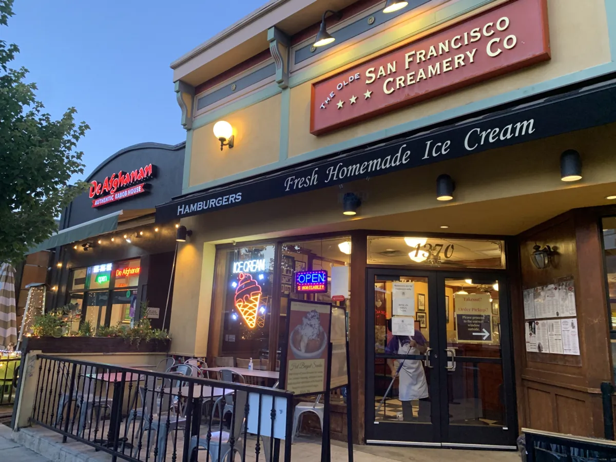 The San Francisco Creamery and De Afghanan Kabob House in downtown Walnut Creek, Calif., on Sept. 5, 2023. (Helen Billings/The Epoch Times)