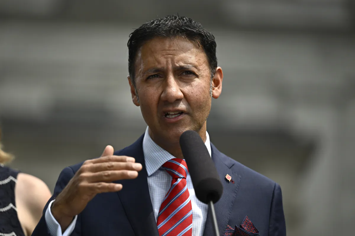 Minister of Justice and Attorney General of Canada Arif Virani speaks during a media availability after a cabinet swearing-in ceremony at Rideau Hall in Ottawa on July 26, 2023. (Justin Tang/The Canadian Press)