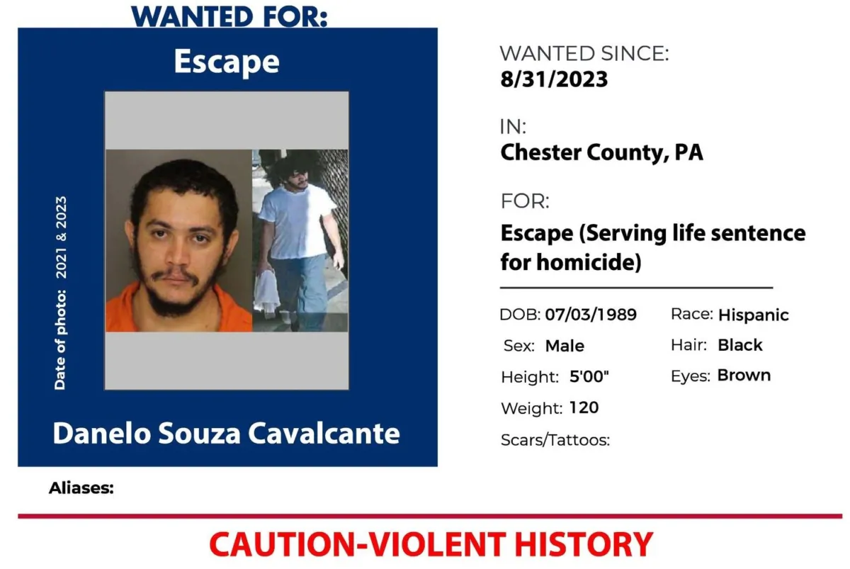 A portion of the wanted poster for Danelo Souza Cavalcante, who escaped from Chester County Prison in Pennsylvania on Aug. 31, 2023. (Courtesy of Chester County District Attorney’s Office)