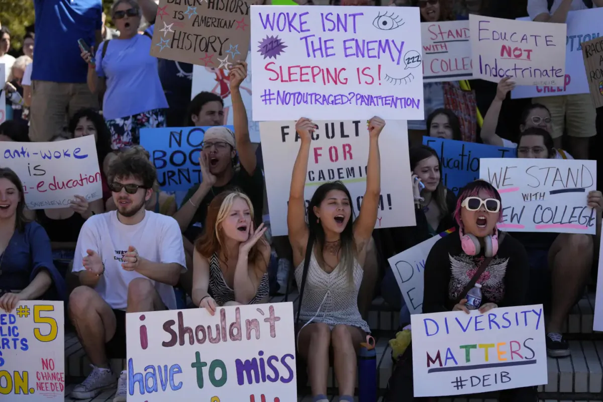 New College of Florida students and supporters protest ahead of a meeting of the college's board of trustees at the campus in Sarasota on Feb. 28, 2023. (Rebecca Blackwell/AP Photo)