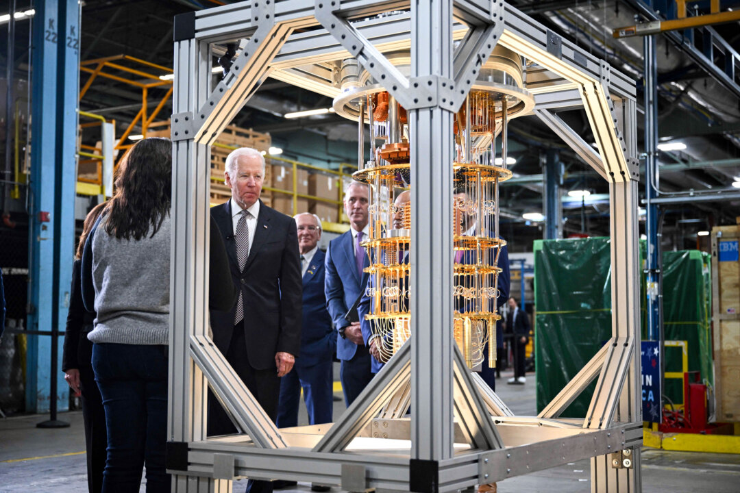 President Joe Biden looks at a quantum computer as he tours the IBM facility in Poughkeepsie, N.Y., on Oct. 6, 2022. (Mandel Ngan/AFP via Getty Images)