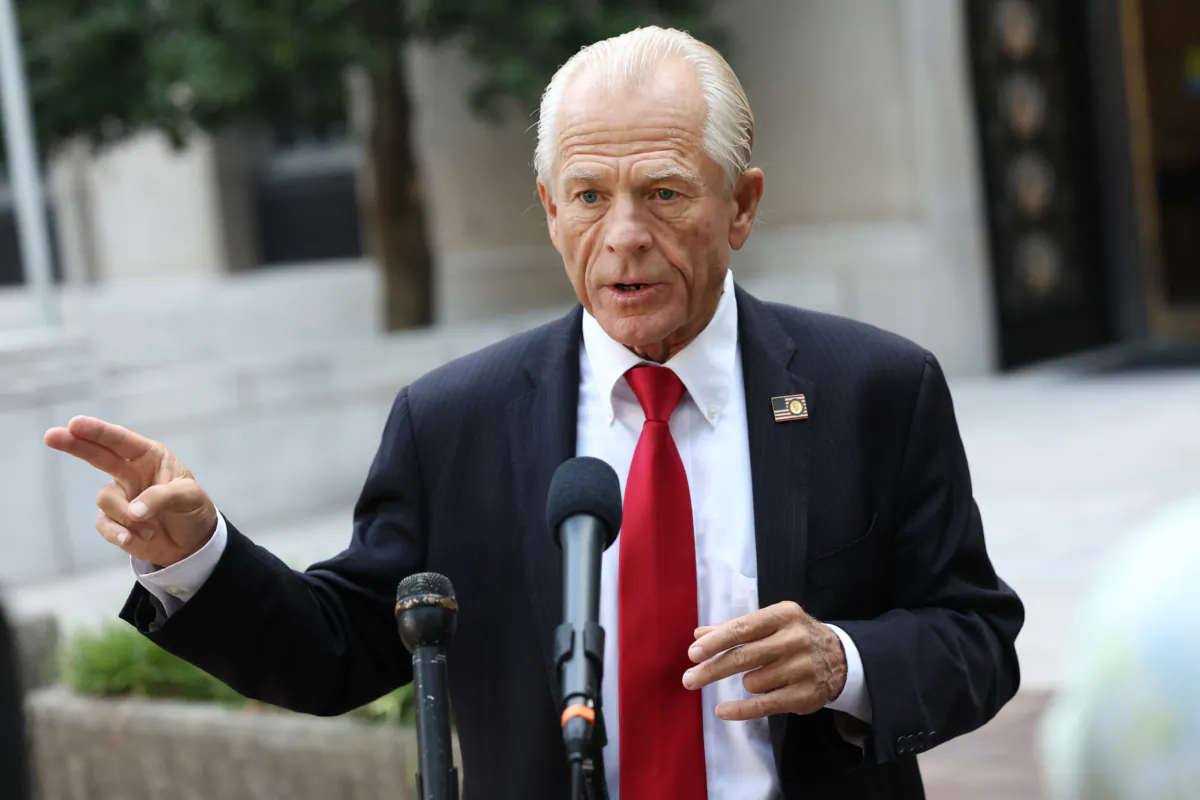 Peter Navarro, an advisor to former President Donald Trump, speaks to reporters as he arrives at the E. Barrett Prettyman Courthouse in Washington on Sept. 7, 2023. (Kevin Dietsch/Getty Images)