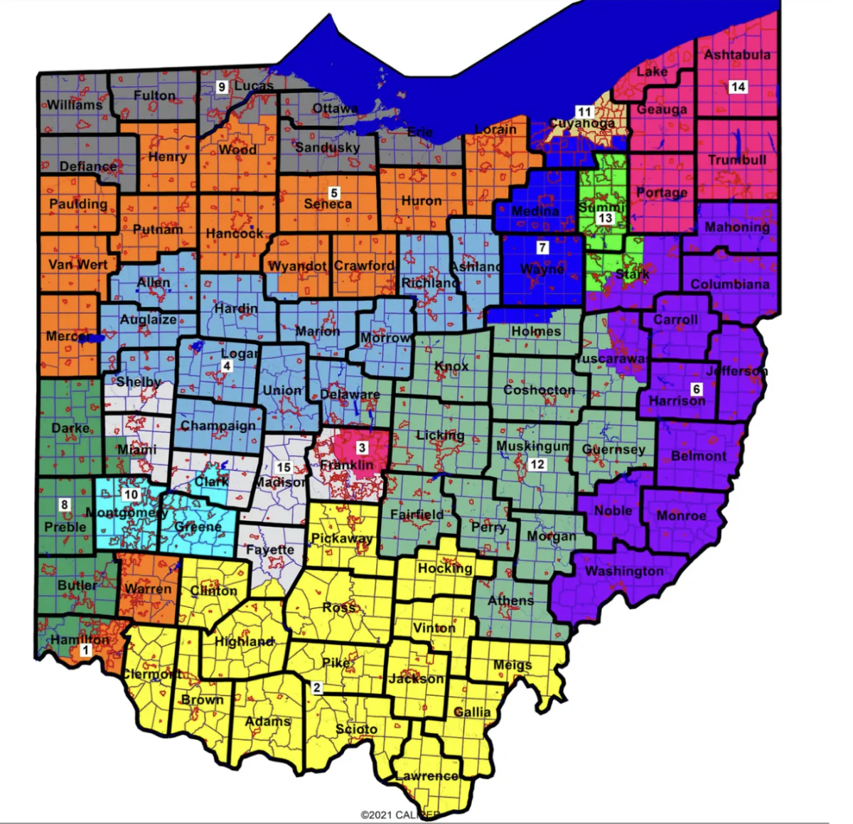 This is the ‘March 2, 2022 Plan’ map of Ohio's 15 congressional districts that will be in place for the 2024 election cycle after the state's Supreme Court granted plaintiffs’ petitions to withdraw lawsuits challenging the Republican-drawn map. (Ohio Redistricting Commission)