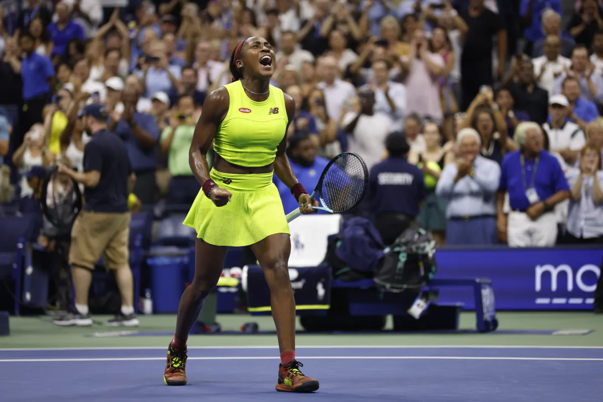 Coco Gauff of the United States celebrates match point against Karolina Muchova of the Czech Republic during their Women's Singles Semifinal match on Day Eleven of the 2023 US Open at the USTA National Tennis Center in Flushing, New York City on Sept. 7, 2023. (Sarah Stier/Getty Images)