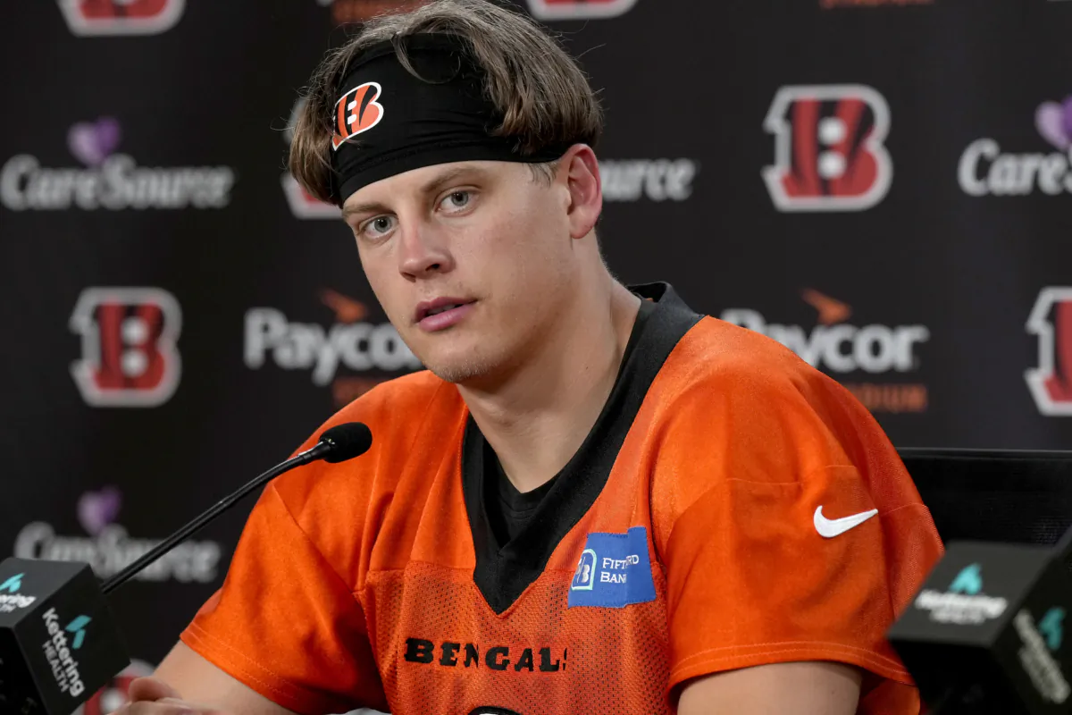 Cincinnati Bengals quarterback Joe Burrow speaks during an NFL football press conference at Paycor Stadium in Cincinnati, on Sept. 6, 2023. (Cara Owsley/The Cincinnati Enquirer via AP)