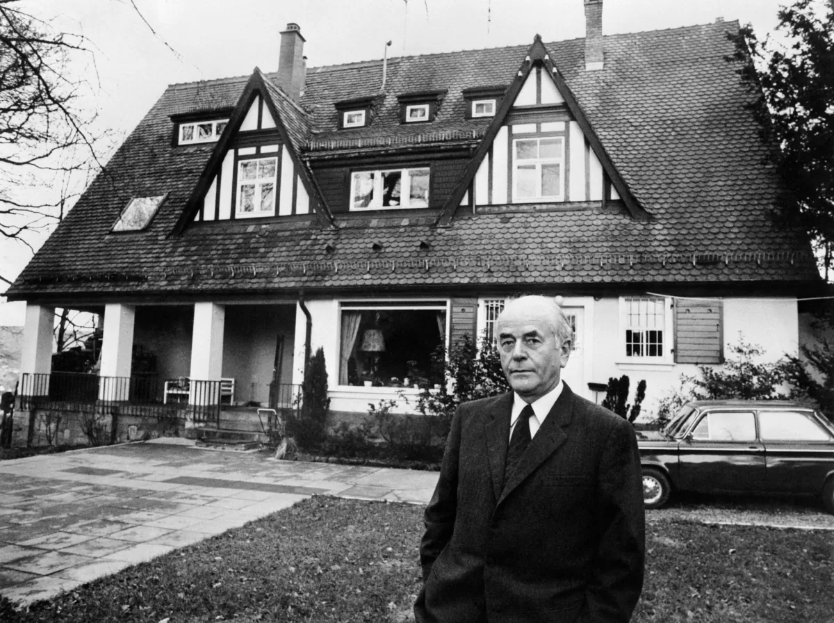Albert Speer posing in front of his home in Heidelberg on March 3, 1971. Speer was Hitler’s minister for armaments and in 1946 was jailed for 20 years after being convicted in the post-war Nuremberg trials. (-/Pressens Bild/AFP via Getty Images)