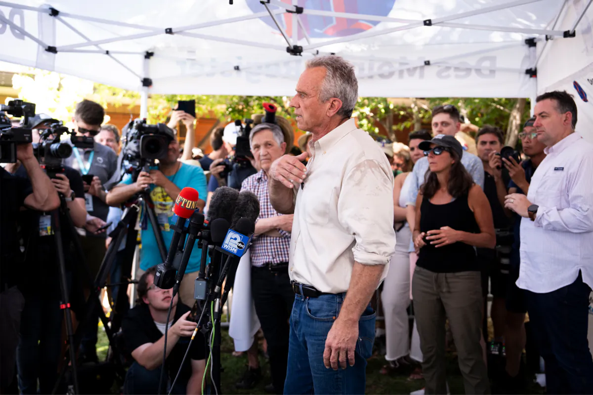 Democratic Presidential candidate Robert F. Kennedy Jr. speaks at the Iowa State Fair in Des Moines, Iowa, on Aug. 12, 2023. (Madalina Vasiliu/The Epoch Times)