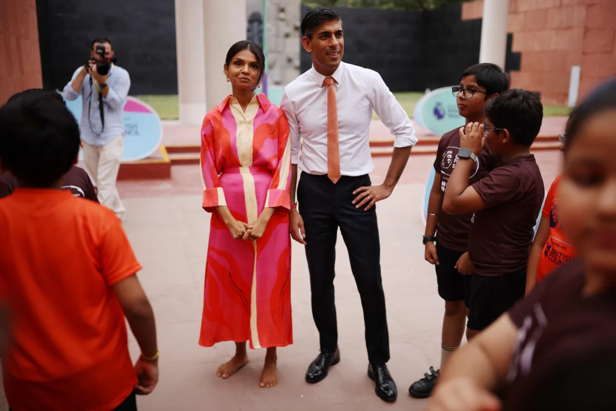 Prime Minister Rishi Sunak and his wife Akshata Murty meet local schoolchildren at the British Council during an official visit ahead of the G-20 Summit in New Delhi, India on September 8, 2023. (Dan Kitwood / PA Wire)