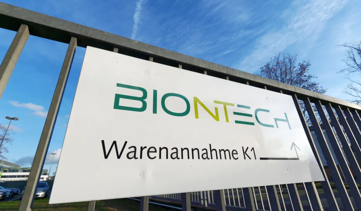 A sign of the German biotechnology company BioNTech, in Mainz, Germany, on Nov. 12, 2020. (Marcus Krauss/Shutterstock)
