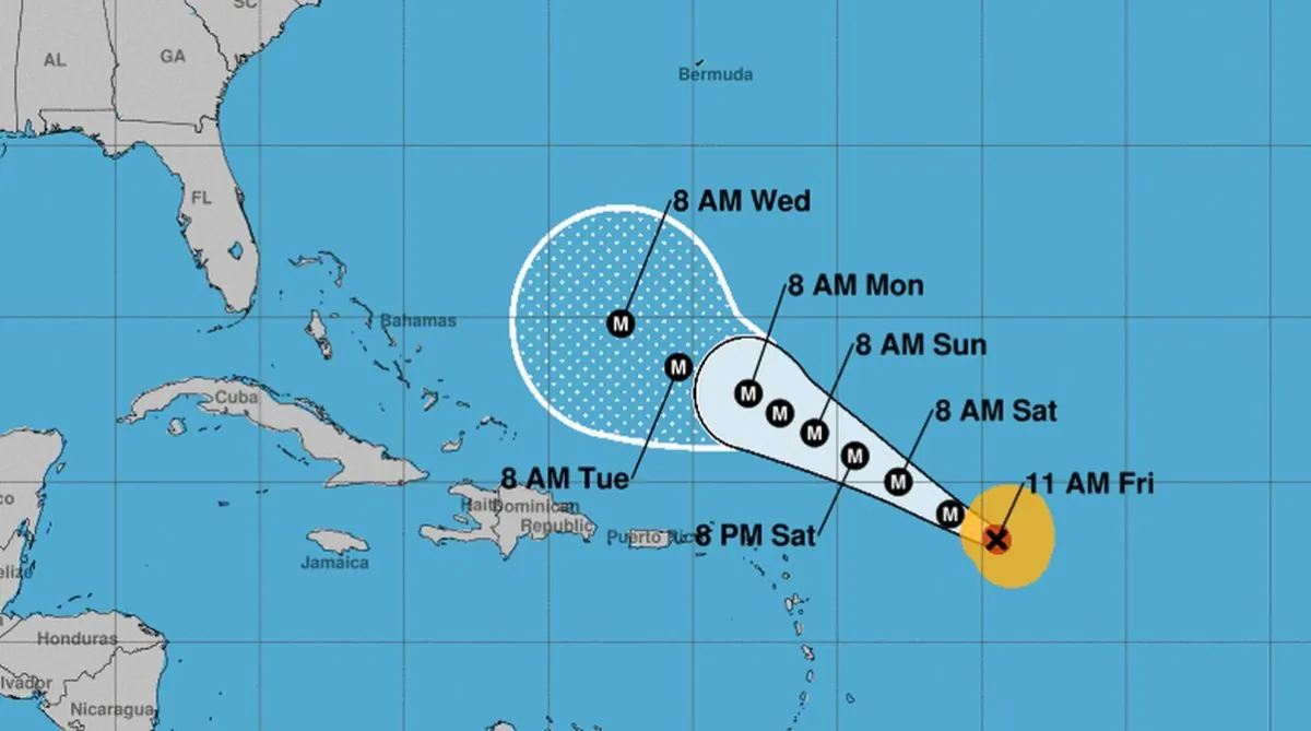A forecast map dated Sept. 9, 2023, from the National Hurricane Center shows the trajectory of Hurricane Lee over the next several days. (National Hurricane Center)