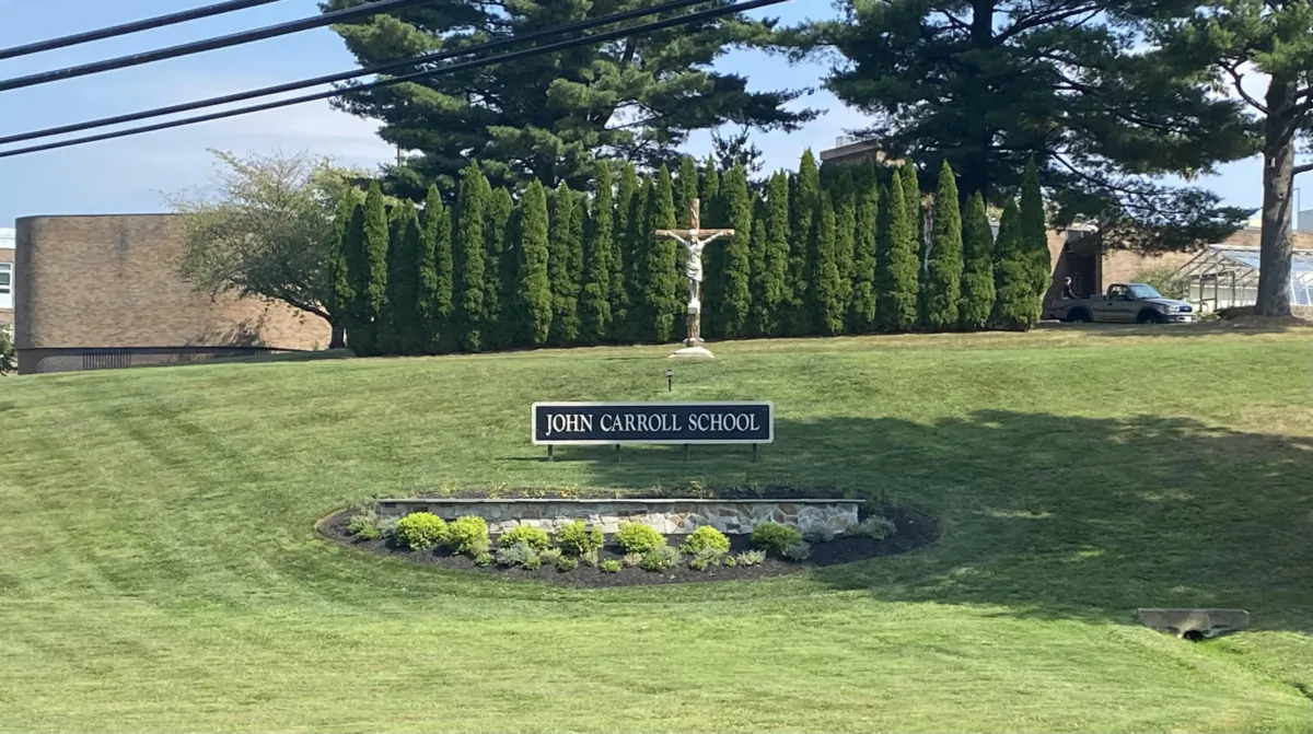 A crucifix stands on the grounds of The John Carroll School in Bel Air, Md. (Courtesy of Tom Fletcher)