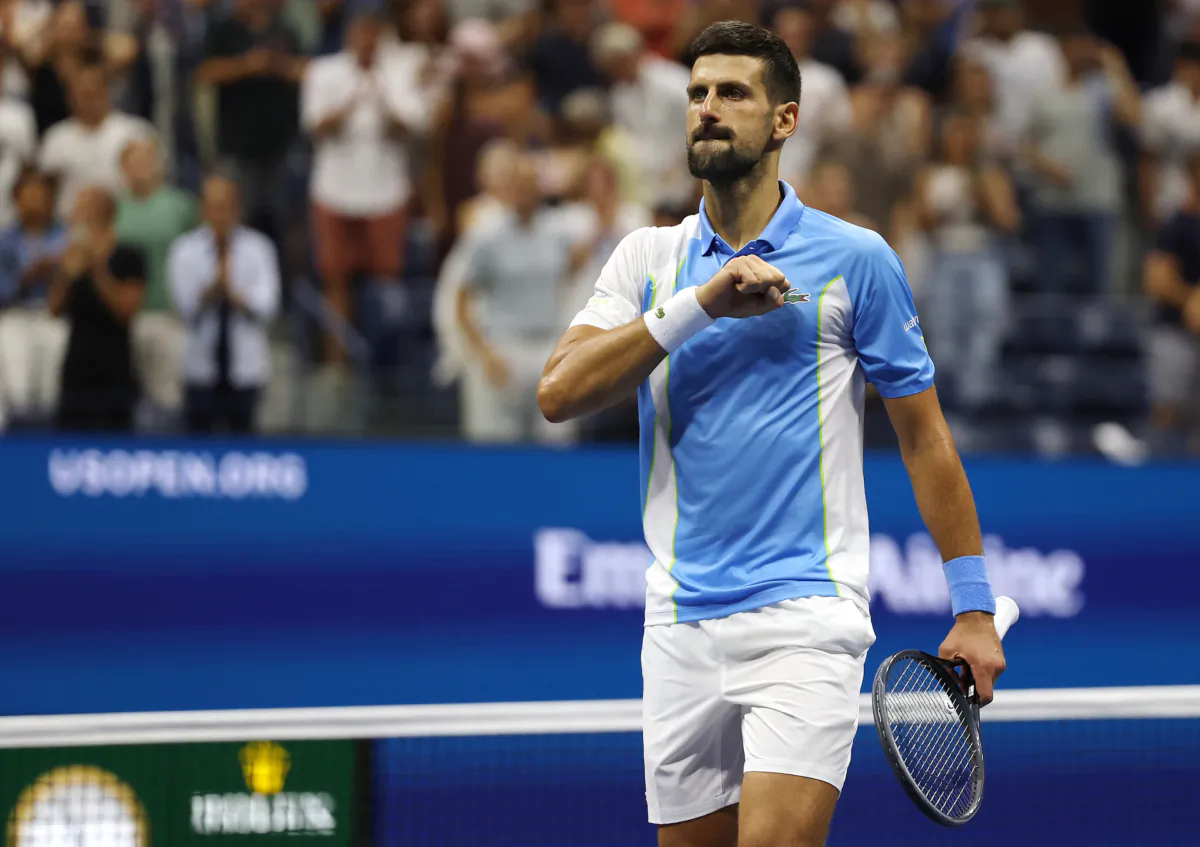 Novak Djokovic of Serbia celebrates his victory against Ben Shelton of the United States during their Men's Singles Semifinal match on Day Twelve of the 2023 US Open at the USTA National Tennis Center in the Flushing neighborhood of the Queens borough of New York City on Sept. 8, 2023. (Al Bello/Getty Images)