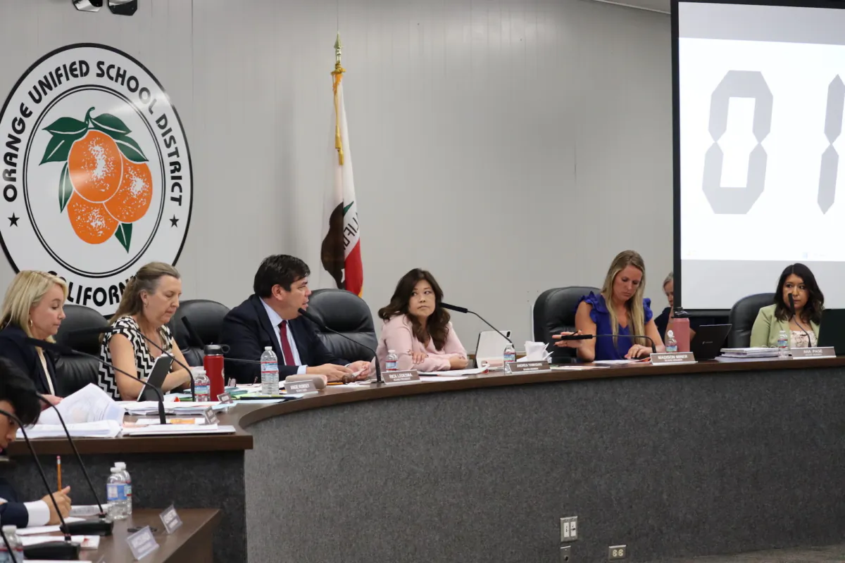 An Orange Unified School Board meeting in Orange, Calif., on Sept. 7, 2023. (Mei Lee/The Epoch Times)