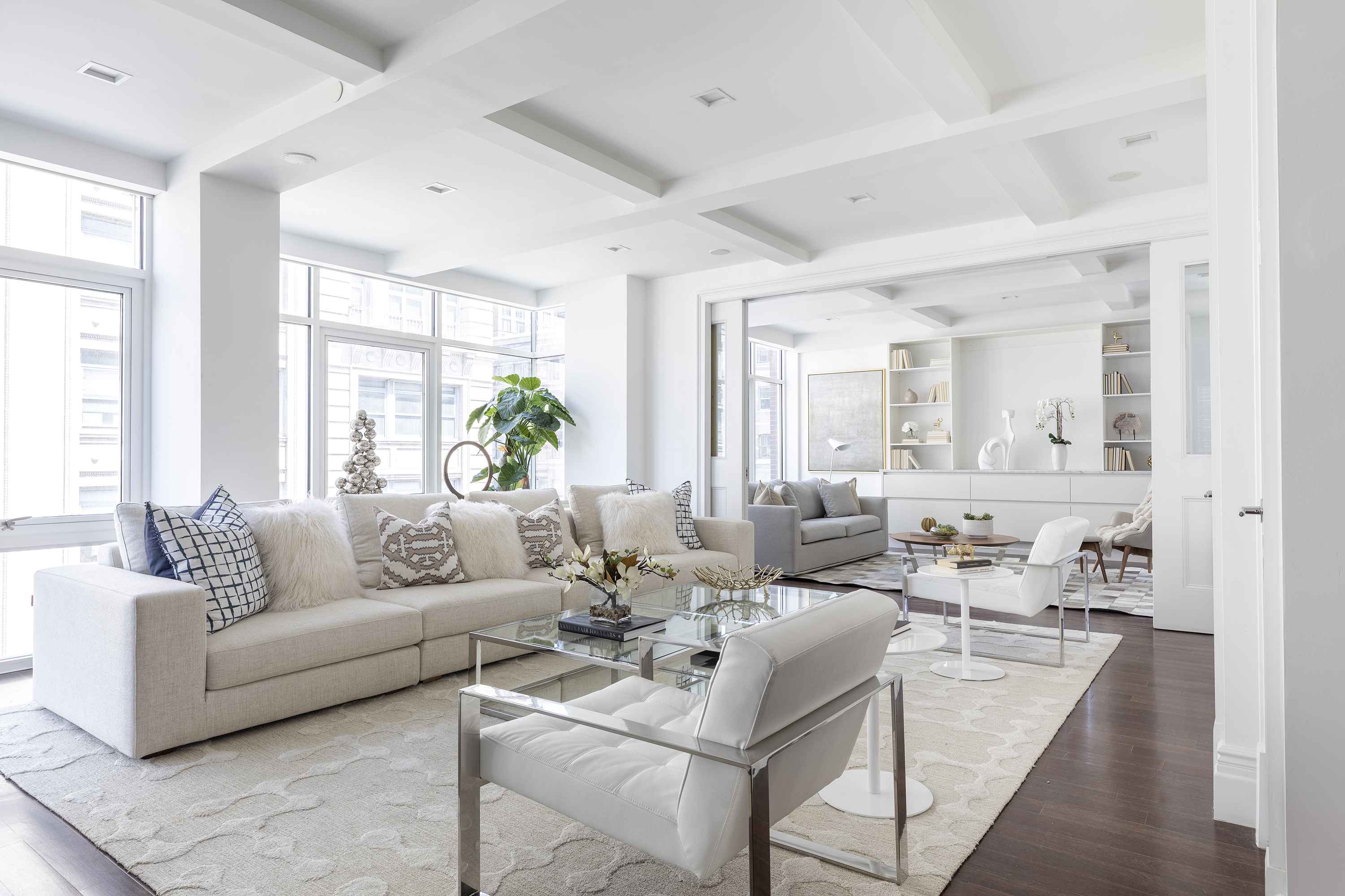A lightly colored interior against white walls.