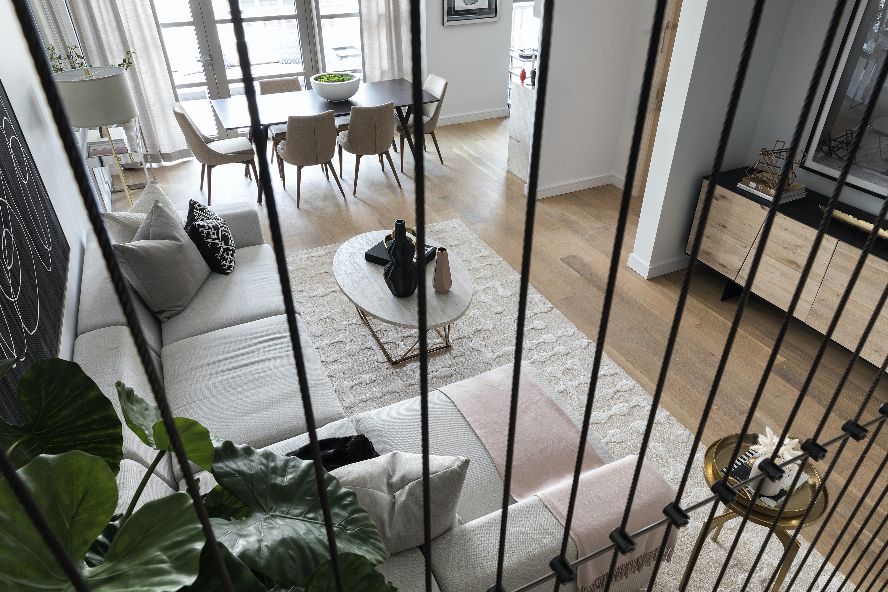 Architectural elements create an interesting angle in this living space.