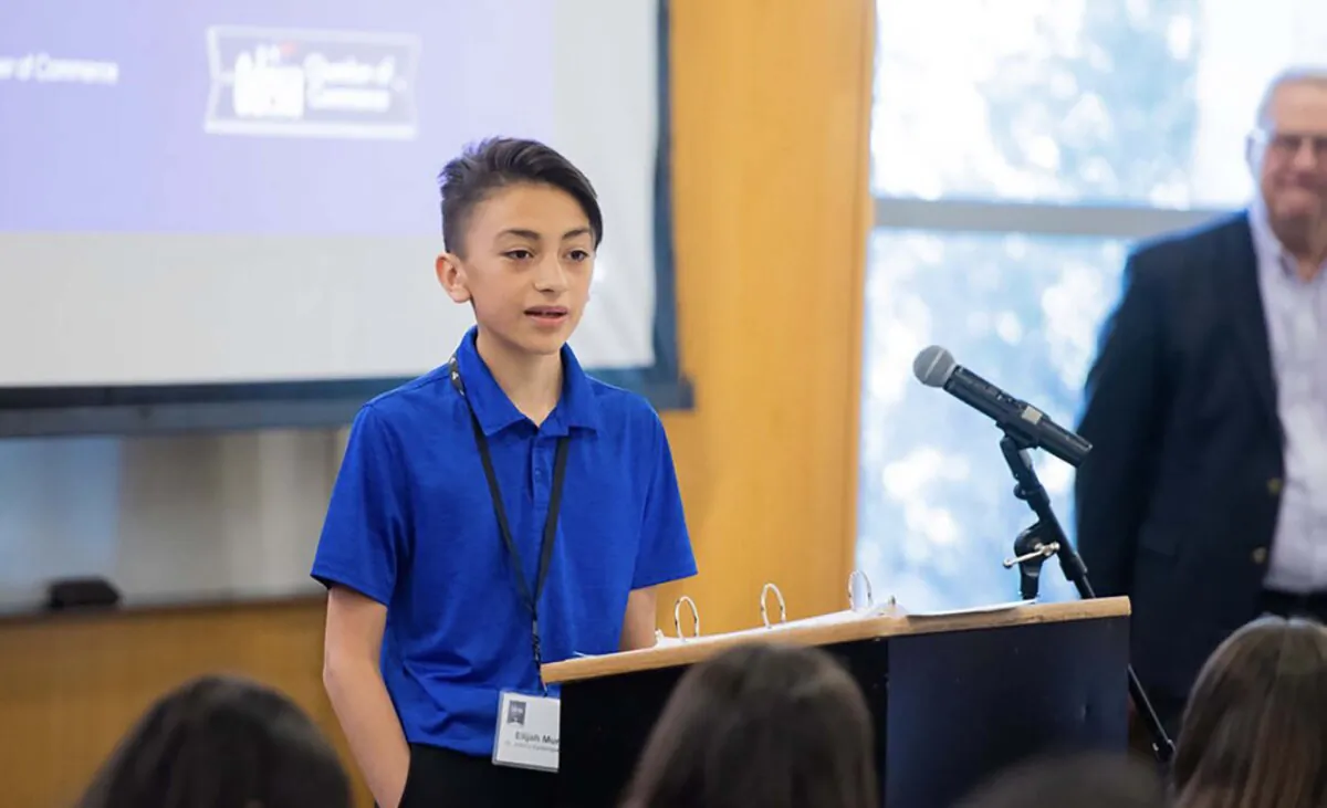 Elijah Munoz, an eighth-grader at St. John's Episcopal School in Odessa, Texas, answers questions while competing in the Texas State Civics Bee, on Aug. 5, 2023 at the George Bush Presidential Center, in Dallas. (Courtesy of Sonia Munoz)