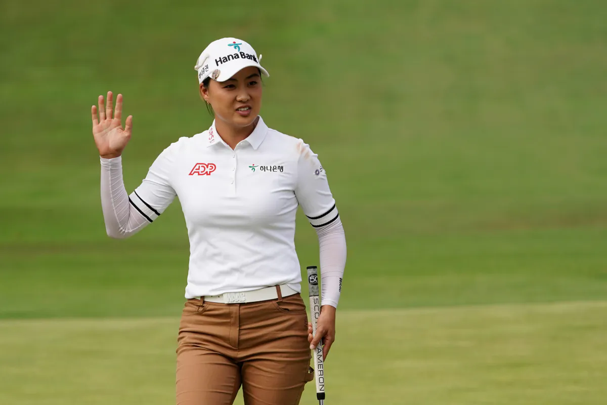 Minjee Lee of Australia reacts to her putt on the 18th green during the third round of the Kroger Queen City Championship presented by P&G at Kenwood Country Club in Cincinnati on Sept. 9, 2023. (Dylan Buell/Getty Images)