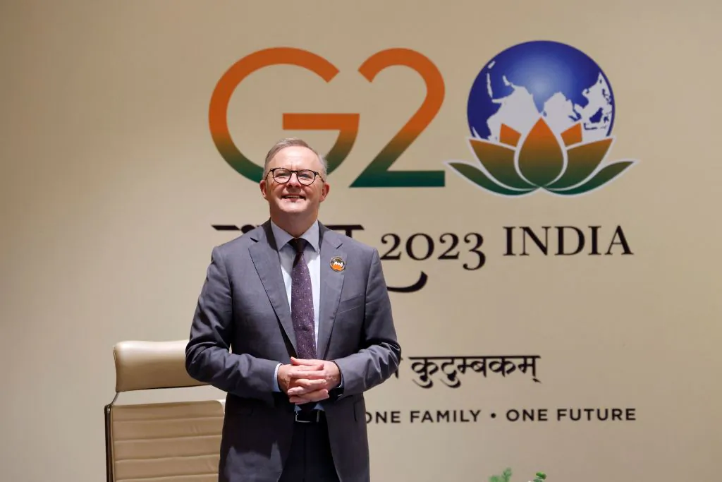 Australia's Prime Minister Anthony Albanese waits before his bilateral meeting with France's President Emmanuel Macron (not pictured) during the G20 Leaders' Summit at the Bharat Mandapam in New Delhi on Sept. 9, 2023. (Ludovic Marin/POOL/AFP via Getty Images)