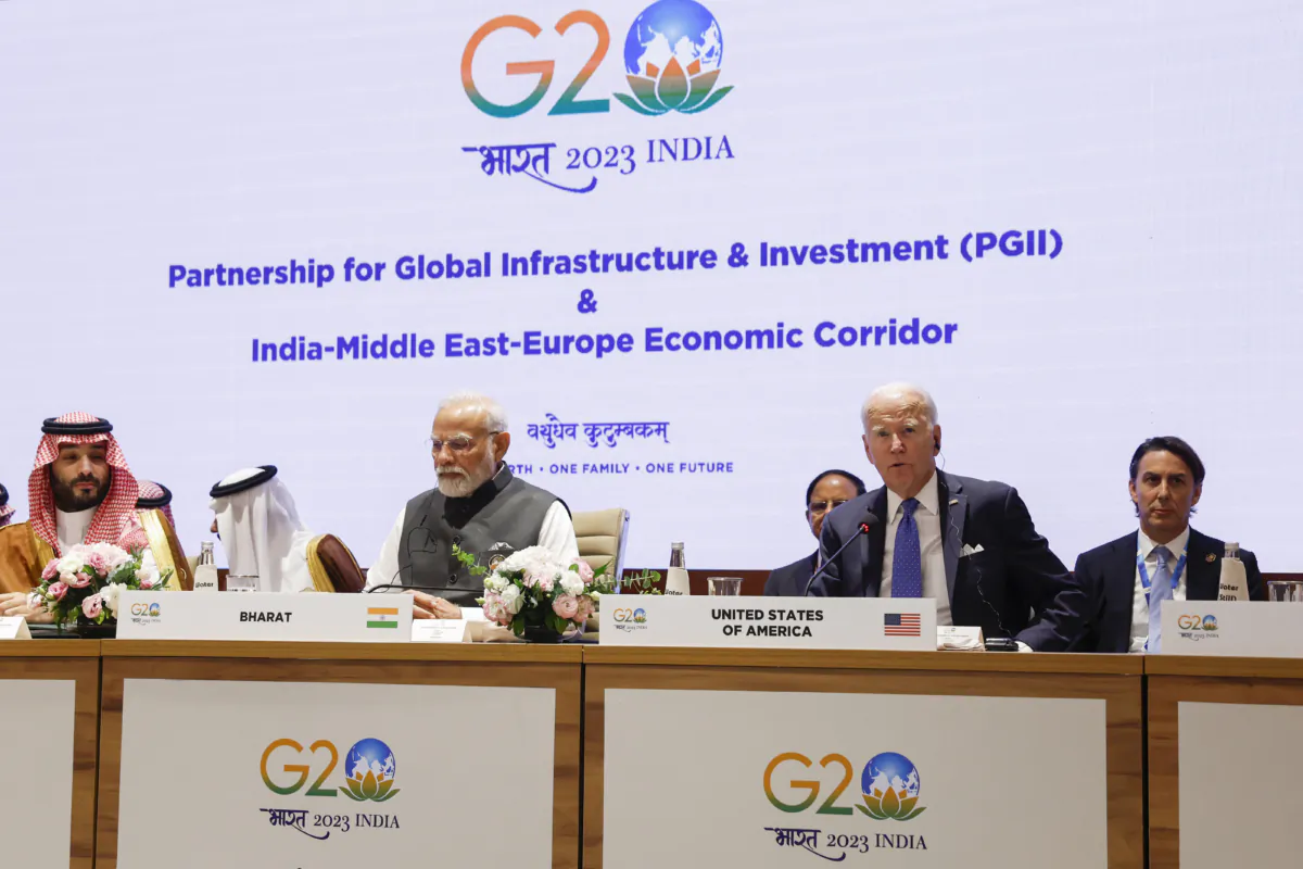 Saudi Arabia's Crown Prince and Prime Minister Mohammed bin Salman (L), Indian Prime Minister Narendra Modi (C) and U.S. President Joe Biden (2R) attend a session at the G20 Summit in New Delhi on Sept. 9, 2023. (Evelyn Hockstein / POOL / AFP via Getty Images)