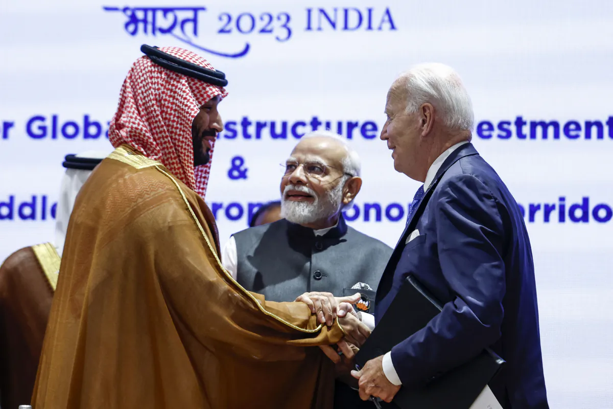 Saudi Arabia's Crown Prince and Prime Minister Mohammed bin Salman (L), India's Prime Minister Narendra Modi (C) and US President Joe Biden attend a session as part of the G20 Leaders' Summit at the Bharat Mandapam in New Delhi on September 9, 2023. (EVELYN HOCKSTEIN/POOL/AFP via Getty Images)