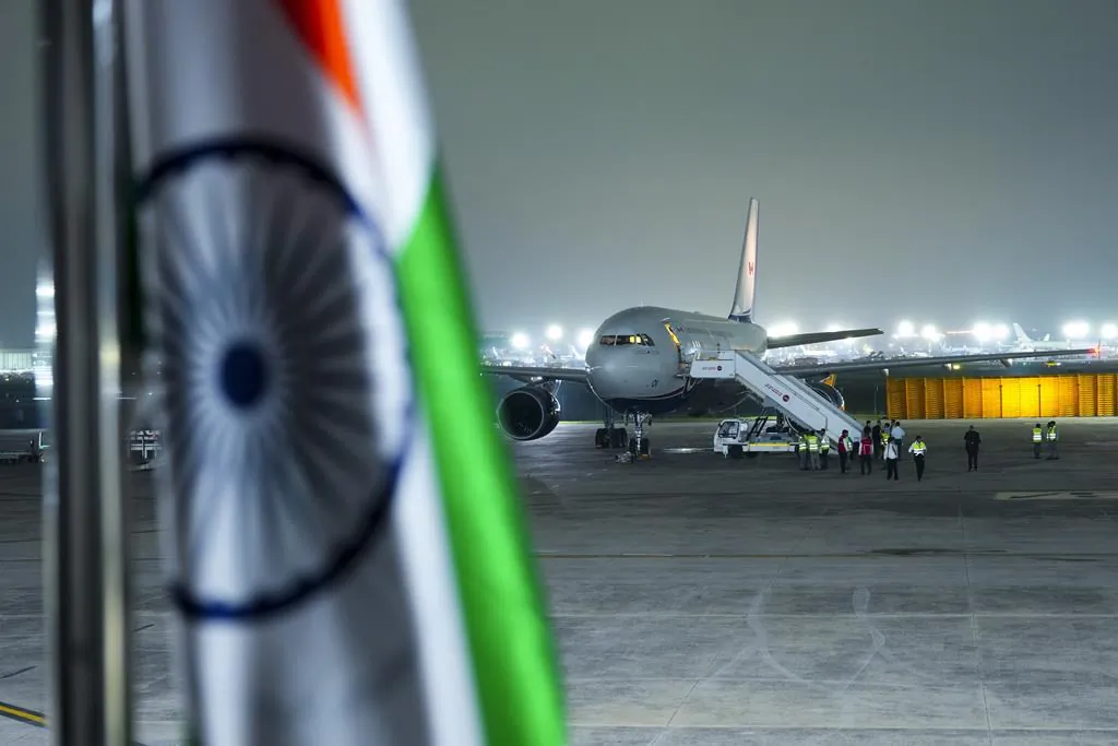 Prime Minister Justin Trudeau's plane is seen on the tarmac after being grounded due to a technical issue following the G20 Summit in New Delhi, India, on Sept. 10, 2023. (The Canadian Press/Sean Kilpatrick)