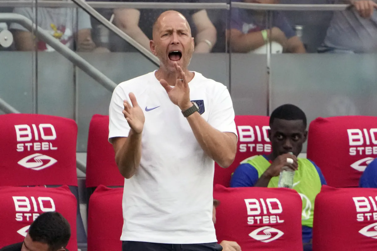 United States head coach Gregg Berhalter yells from the sideline during the second half of an international friendly soccer match against Uzbekistan in St. Louis on Sept. 9, 2023. (Jeff Roberson/AP Photo)