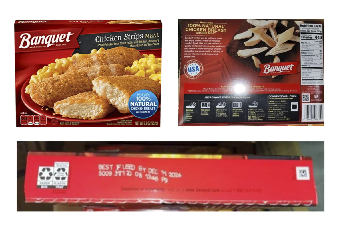 Packaging for Banquet Brand Frozen Chicken Strips which was recalled by ConAgra Brands on Sept. 2, 2023, due to possible foreign matter contamination. (USDA via AP)