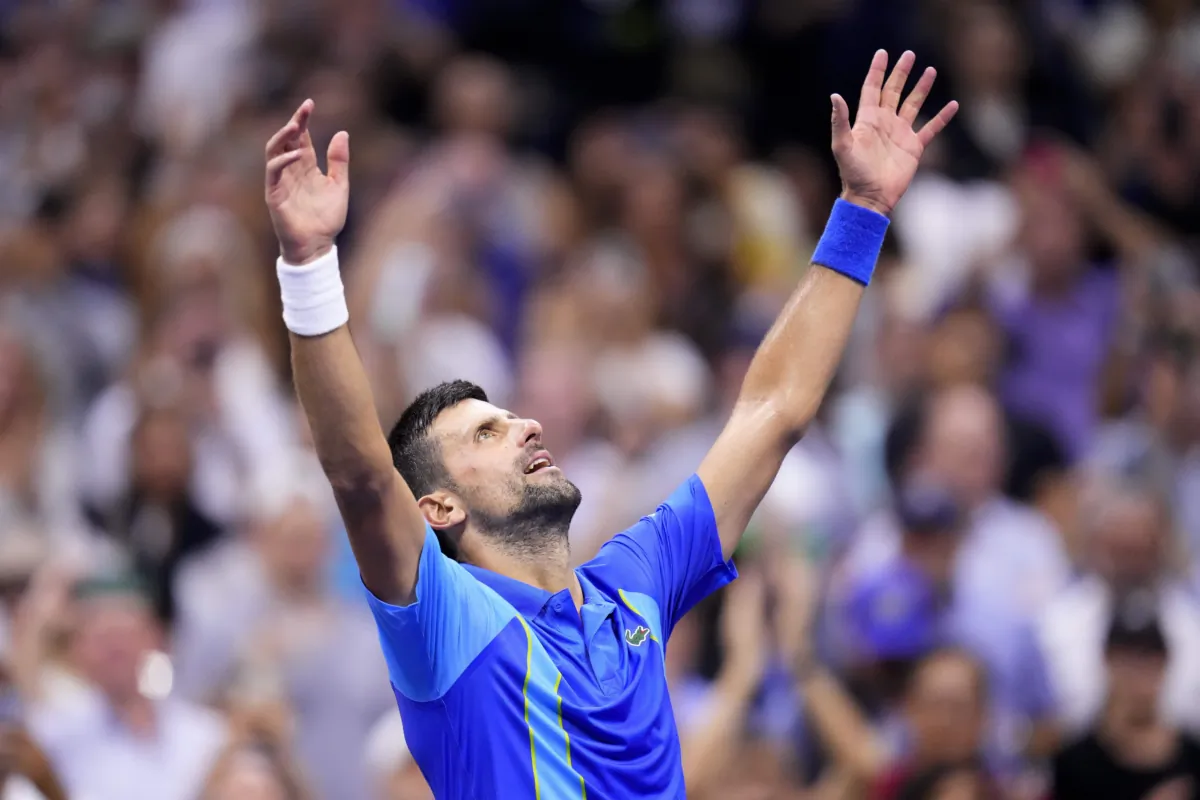 Novak Djokovic of Serbia reacts after defeating Daniil Medvedev of Russia in the men's singles final of the U.S. Open tennis championships in New York on Sept. 10, 2023. (Manu Fernandez/AP Photo)