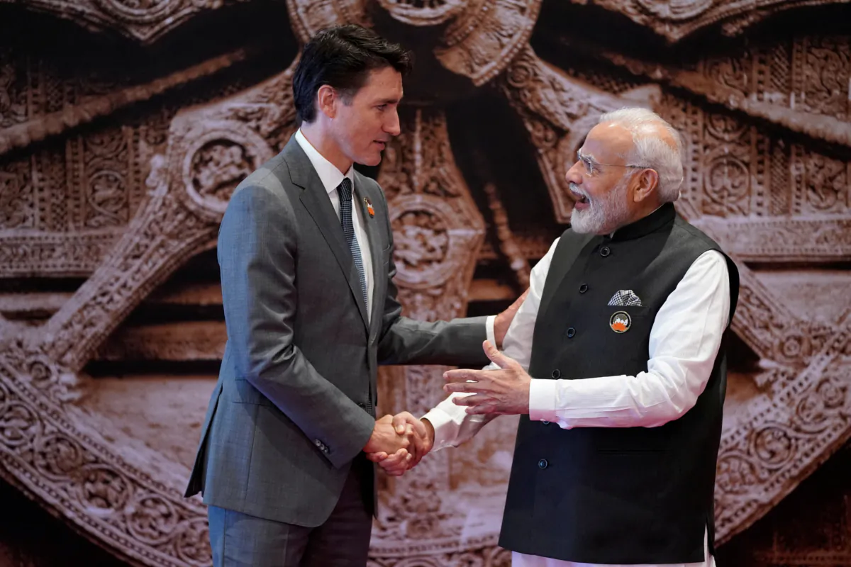 Indian Prime Minister Narendra Modi welcomes Canada Prime Minister Justin Trudeau upon his arrival at Bharat Mandapam convention center for the G20 Summit, in New Delhi, India, Sept. 9, 2023. (Evan Vucci/Reuters)