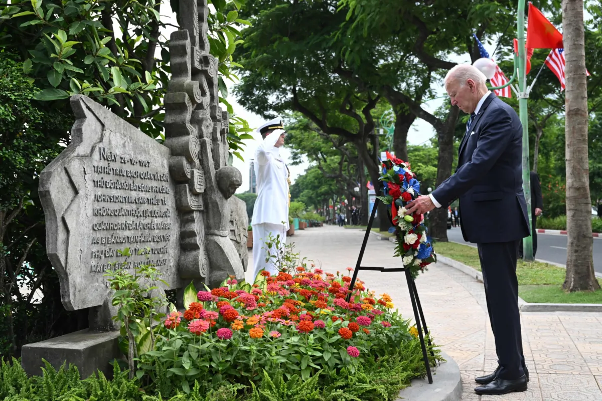 President Joe Biden visits the John Sidney McCain III Memorial in Hanoi, Vietnam, on Sept. 11, 2023. (Saul Loeb/AFP via Getty Images)