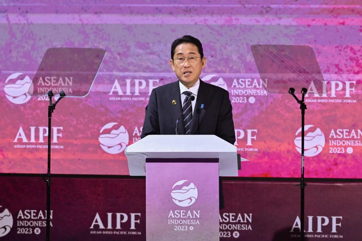 Japanese Prime Minister Fumio Kishida speaks during the ASEAN-Indo Pacific Forum in Jakarta, Indonesia, on Sept. 6, 2023. (Adek Berry/Pool/AFP via Getty Images)