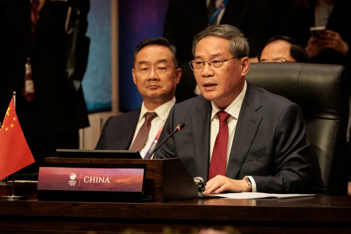 Chinese Premier Li Qiang (R) speaks during the 26th ASEAN-China Summit at the 43rd ASEAN Summit in Jakarta, Indonesia, on Sept. 6, 2023. (Yasuyoshi Chiba/Pool/AFP via Getty Images)