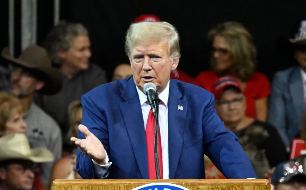 Former president and 2024 Republican Presidential hopeful Donald Trump speaks during the South Dakota Republican Party's Monumental Leaders rally at the Ice Arena at the Monument in Rapid City, S.D., on Sept. 8, 2023. (Andrew Caballero-Reynolds/AFP via Getty Images)
