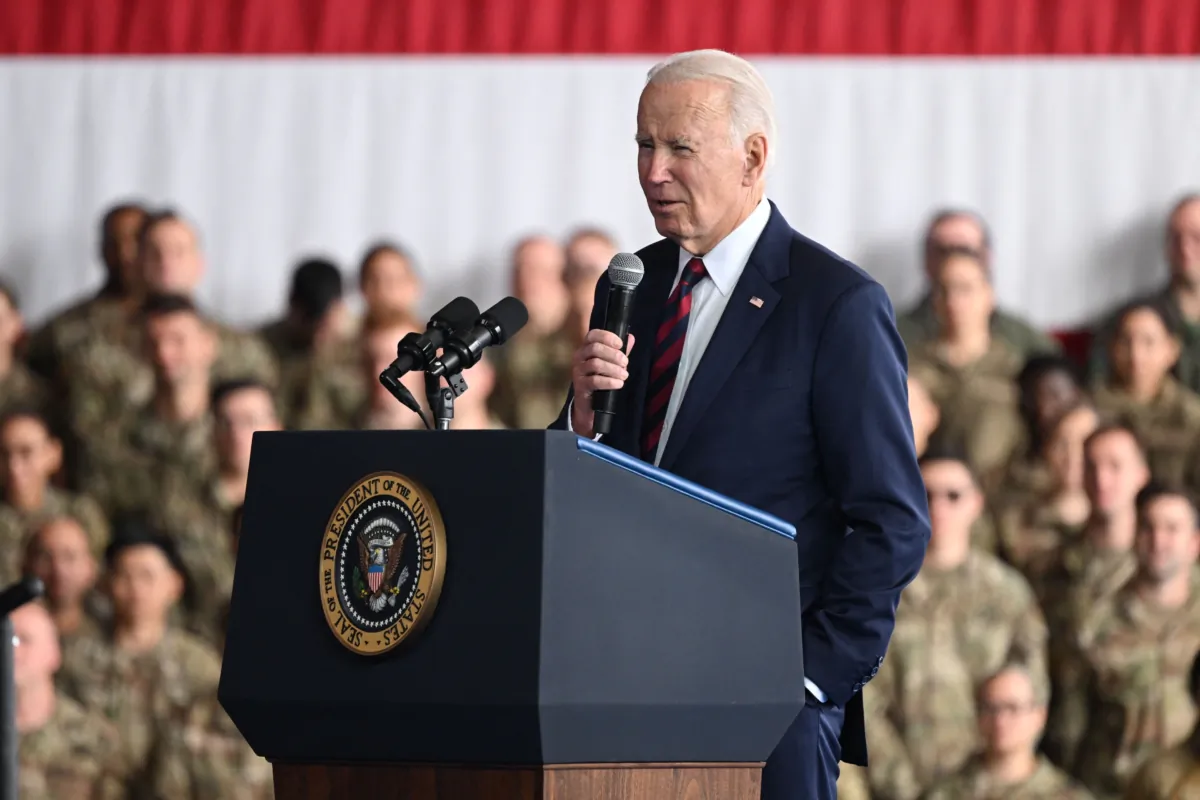 President Joe Biden delivers remarks to service members, first responders, and their families on the 22nd anniversary of the Sept. 11, 2001, terrorist attacks, at Joint Base Elmendorf-Richardson in Anchorage, Alaska, on Sept. 11, 2023. (Saul Loeb/AFP via Getty Images)