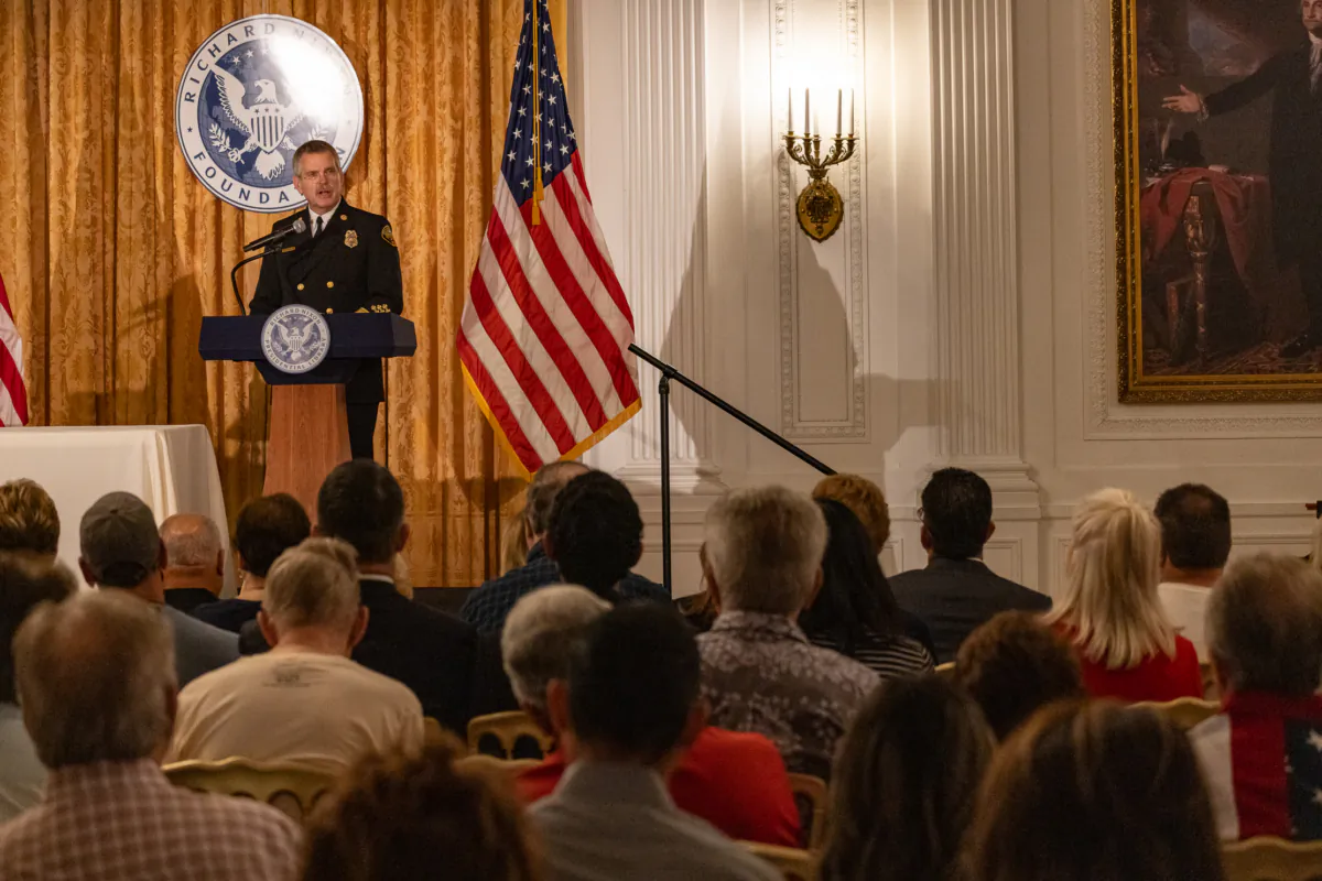 Orange County Fire Authority Chief Brian Fennessy speaks at a ceremony in honor of 9/11 victims at the Nixon Library in Yorba Linda, Calif., on Sept. 11, 2023. (John Fredricks/The Epoch Times)