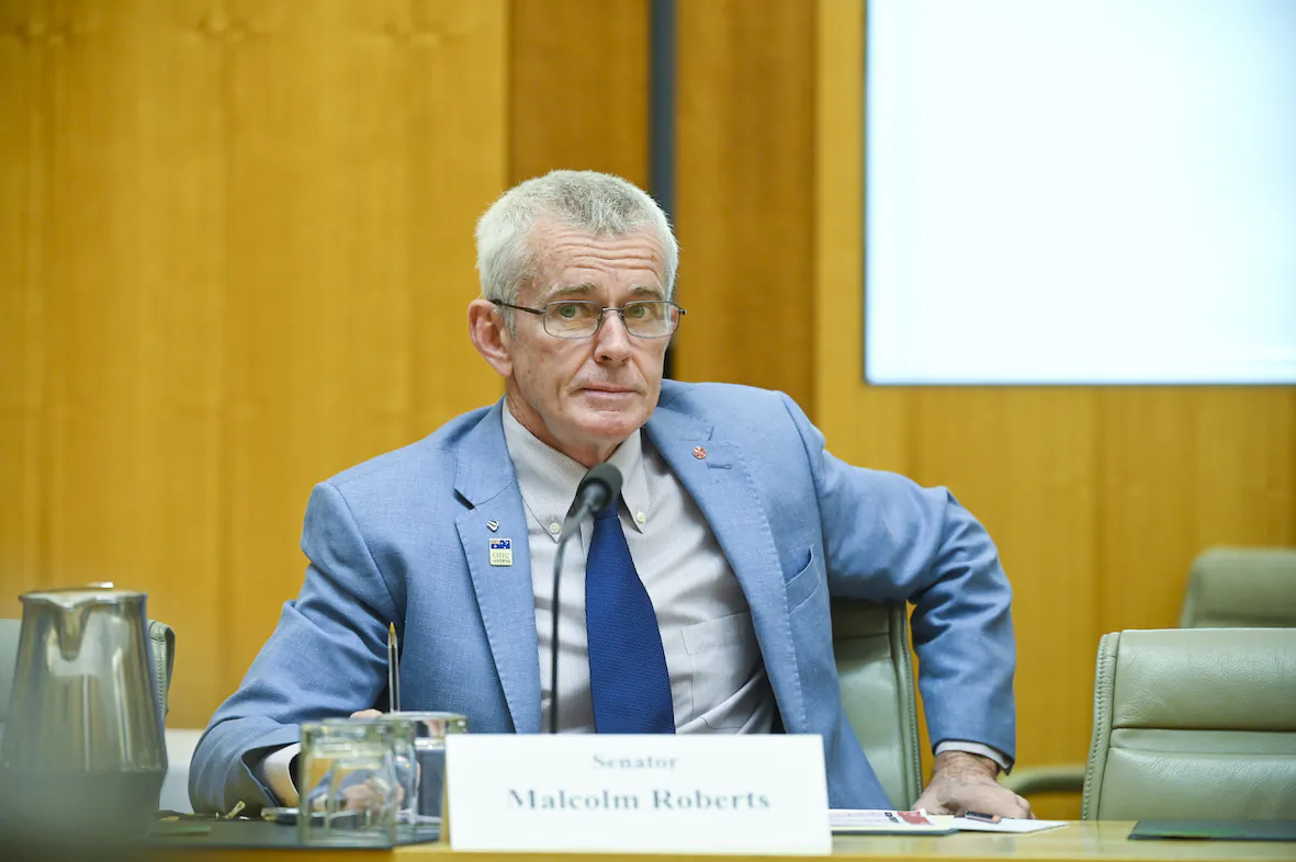 One Nation Senator Malcolm Roberts speaks during Senate Estimates at Parliament House in Canberra, Australia, on Oct. 22, 2019. (AAP Image/Lukas Coch)