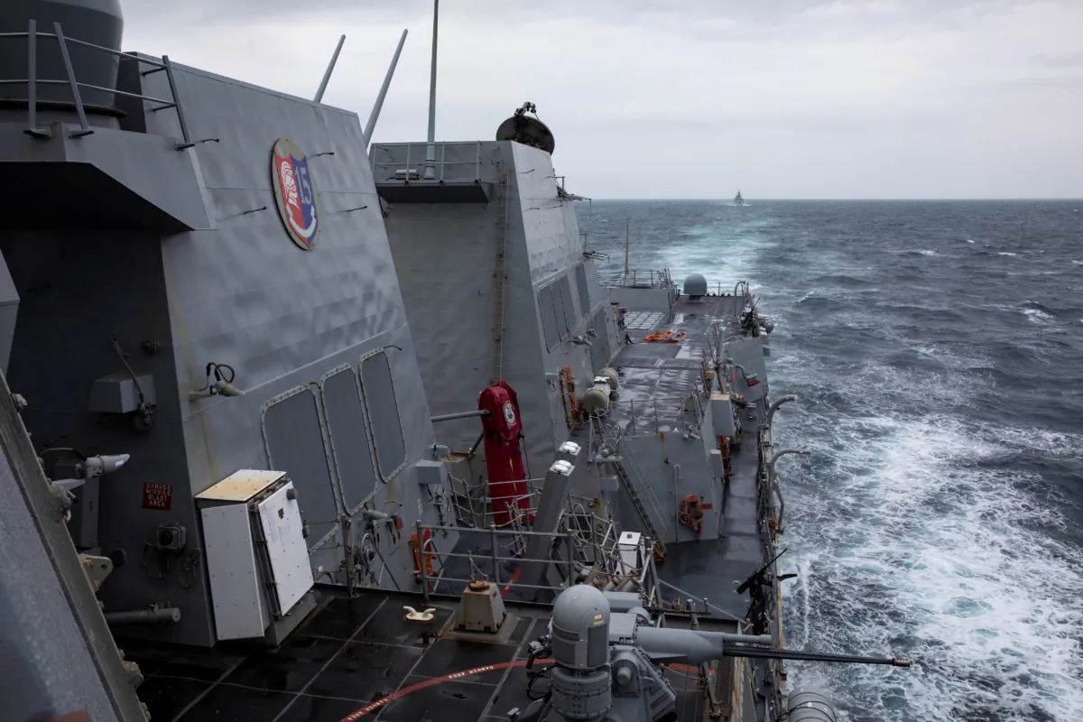 The Arleigh Burke-class guided-missile destroyer USS Ralph Johnson (DDG 114) conducts routine underway operations in the Taiwan Strait on Sept. 9, 2023. (Mass Communication Specialist 1st Class Jamaal Liddell/U.S. Navy via AP)