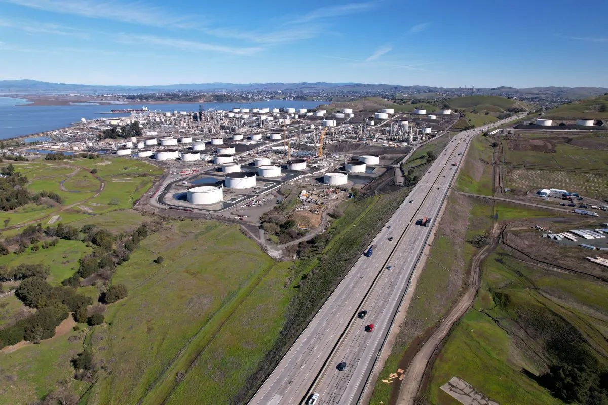 A general view of the Phillips 66 refinery, as seen from Rodeo, Calif., the oldest oil refining town in the American West, on March 2, 2023. (Nathan Frandino/Reuters)