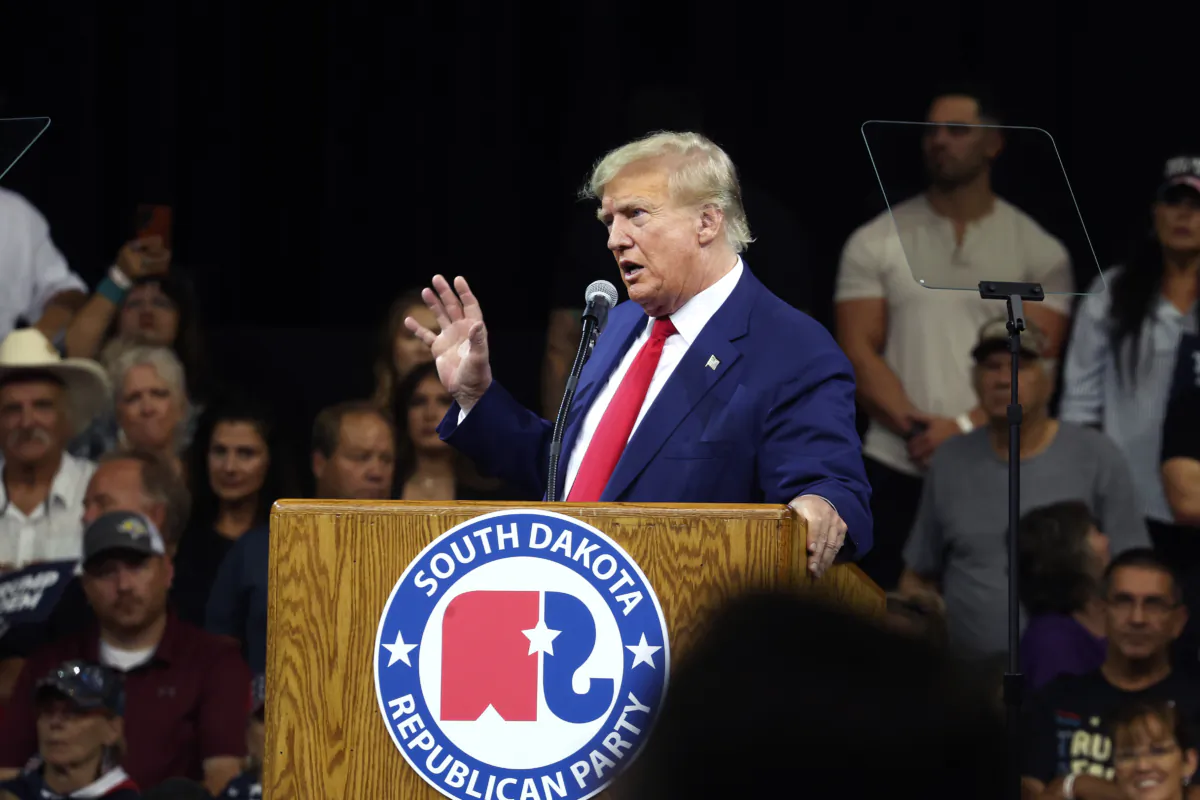 Republican presidential candidate former President Donald Trump speaks at the Monument Leaders Rally hosted by the South Dakota Republican Party in Rapid City, S.D., on Sept. 8, 2023. (Scott Olson/Getty Images)