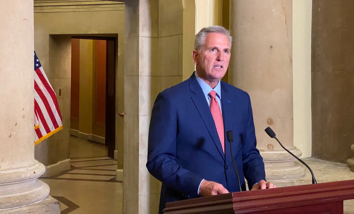 House Speaker Kevin McCarthy announces the opening of the impeachment inquiry of President Joe Biden at the Capitol in Washington on Sept. 12, 2023. (Joseph Lord/The Epoch Times)