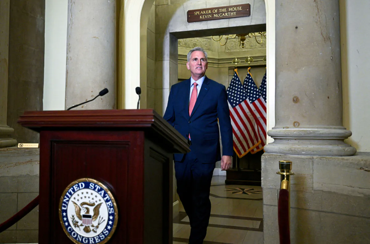 House Speaker Kevin McCarthy announces the opening of the impeachment inquiry of President Joe Biden at the Capitol in Washington on Sept. 12, 2023. (Andrew Caballero-Reynolds/AFP via Getty Images)